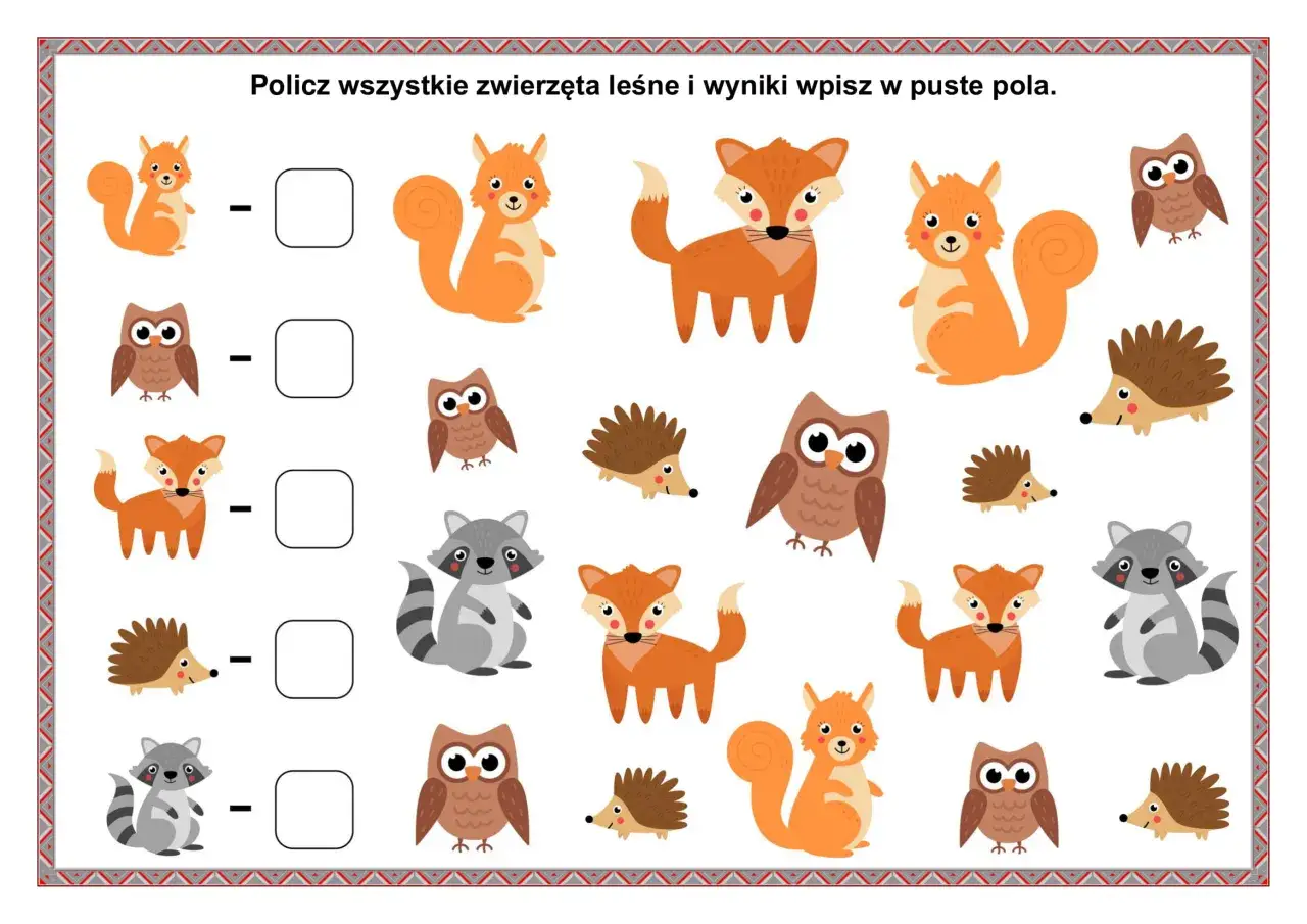 Zwierzęta leśne na kartach pracy: liski, wiewiórki, sowy, jeże i szopy. Policz je i wpisz wyniki.