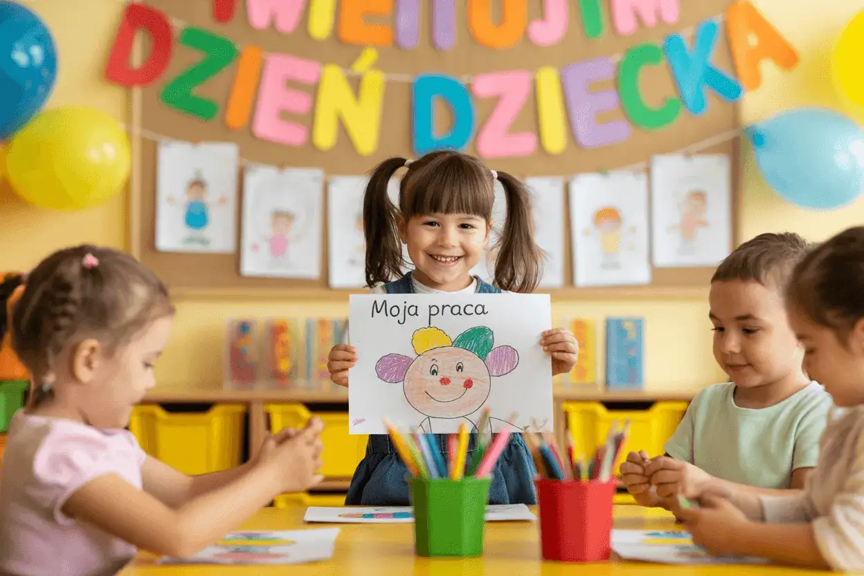 Radosna dziewczynka w przedszkolu prezentuje swoją pracę plastyczną z okazji dnia dziecka. W tle kolorowe literki i rysunki.
