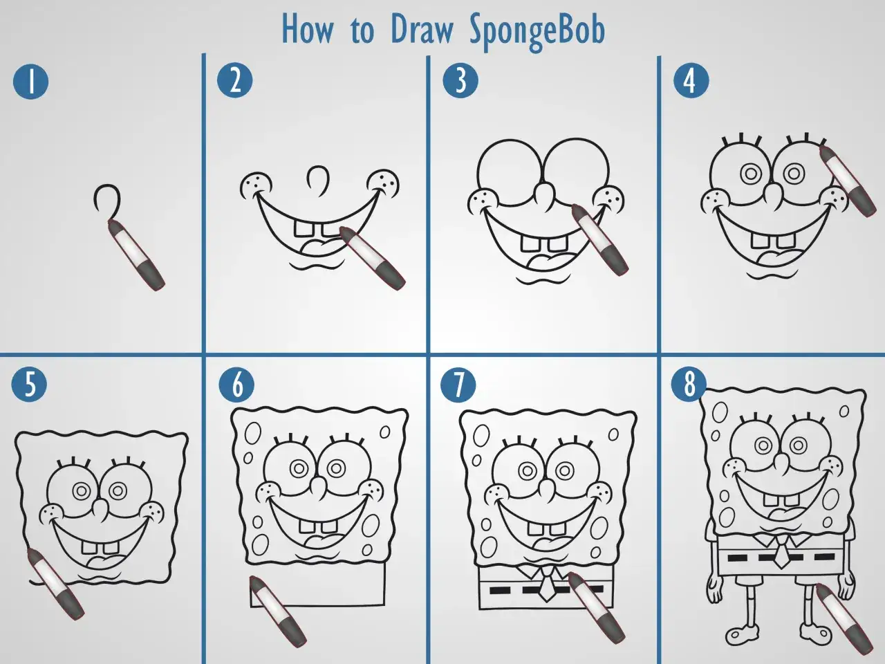 Instrukcja krok po kroku, jak narysować Spongeboba. To bardzo łatwy spongebob rysunek.