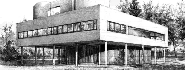 Architektoniczny rysunek z perspektywy ukazuje modernistyczny dom na palach, otoczony drzewami.