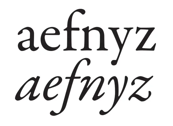 Dwa zestawy liter: "aefnyz" w czcionce prostej i "aefnyz" w kursywie, inaczej.