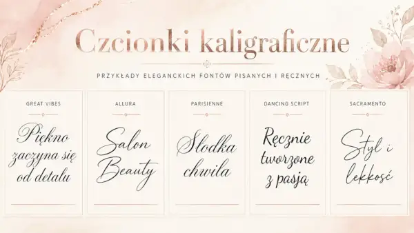 Odkryj ozdobne czcionki online: "Piękno zaczyna się od detalu", "Salon Beauty", "Słodka chwila", "Ręcznie tworzone z pasją", "Styl i lekkość".