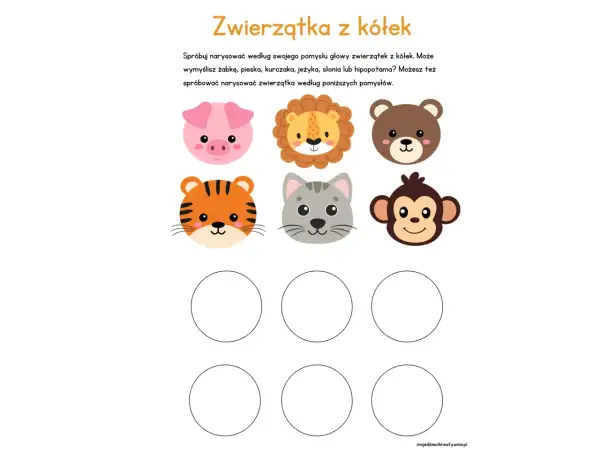 Karty pracy "Zwierzątka z kółek" zachęcają do rysowania głów zwierząt z kółek. Na karcie są głowy świnki, lwa, misia, tygrysa, kota i małpy.