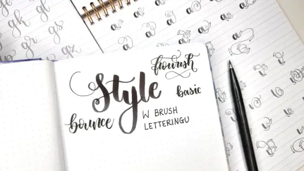 Różne rodzaje pisma ręcznego: styl, bounce, flourish, basic. Ćwiczenia liter w zeszycie.