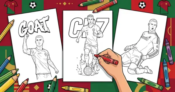 Ronaldo kolorowanka: trzy rysunki CR7 do pokolorowania. Rysunek z napisem "GOAT", CR7 z piłką i padający CR7.