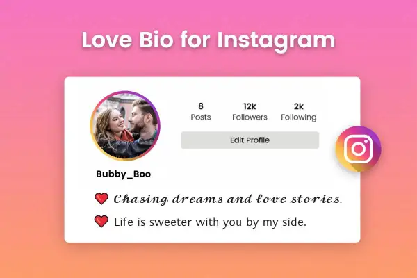 Przykładowy profil IG z parą, statystykami i inspirującym tekstem. Czcionka ig idealnie pasuje do romantycznego klimatu.