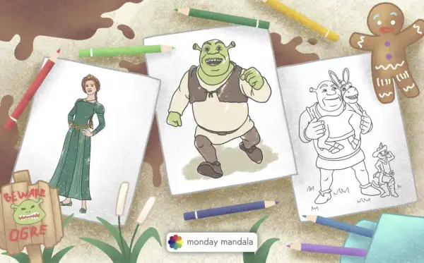 Jak narysować Shreka? Na stole leżą szkice postaci z bajki: Shrek, Fiona, Osioł i Kot w Butach. Obok kolorowe kredki i piernikowy ludzik.