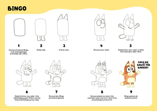 Instrukcja krok po kroku: rysunki postaci z bajek łatwe. Jak narysować Bingo z Bluey.