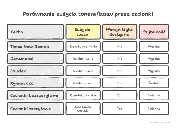 Porównanie zużycia tuszu przez czcionki: Times New Roman, Garamond, Courier, Ryman Eco, bezszeryfowe i szeryfowe. Niektóre dziwne czcionki zużywają mniej tuszu.