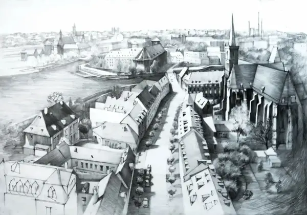 Widok z lotu ptaka na miasto z rzeką i kościołem. Bardzo trudne rysunki detali architektonicznych i dachów.