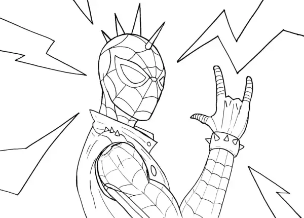 Czarno-biały rysunek Spidermana w stylu punk rocka, idealny do kolorowania. Pokazuje bohatera z kolcami na głowie i gestem "rock on".