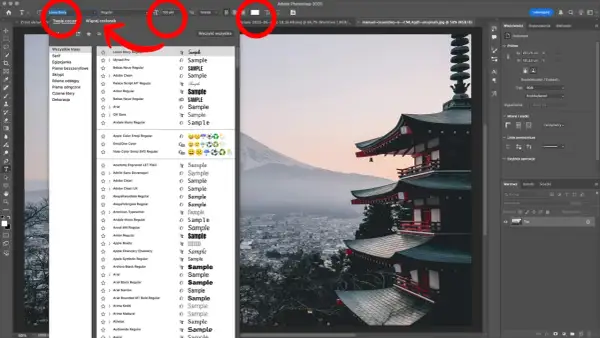Jak dodać czcionkę do Photoshop: wybierz "Więcej czcionek", by przeglądać i instalować nowe fonty.