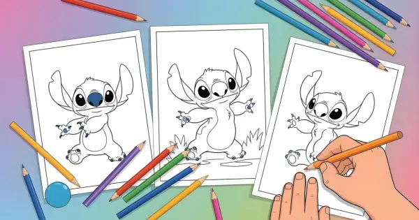 Kolorowanki Stitch gotowe do pokolorowania. Rysunki z uroczym Stichiem i kredki czekają na kreatywność.
