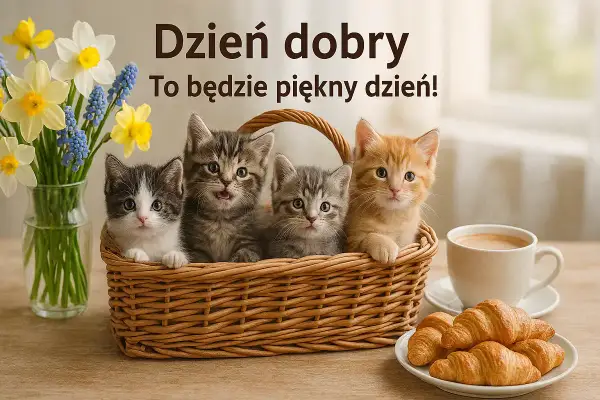 Cztery urocze kociaki w koszyku, bukiet żonkili i kawa. Idealne darmowe kartki na cały tydzień!