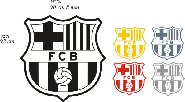 Czarno-białe logo FC Barcelona do pokolorowania, obok mniejsze wersje w kolorach: żółtym, niebieskim, czerwonym i szarym. Idealne dla fanów FC Barcelona kolorowanka.